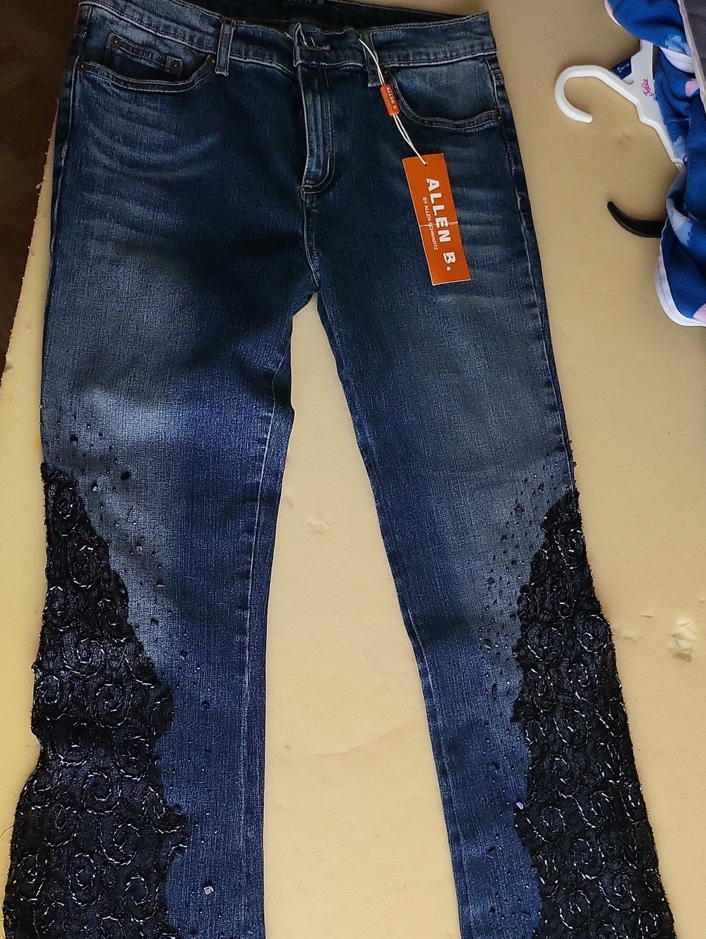 Allen B. By Allen Schwartz Dark Blue Flare Jeans with Black Lace Insets